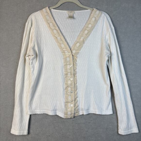 J. JILL Cardigan Sweater Women Small White Ribbed Eyelet Embroidered 100%Cotton - Picture 1 of 6
